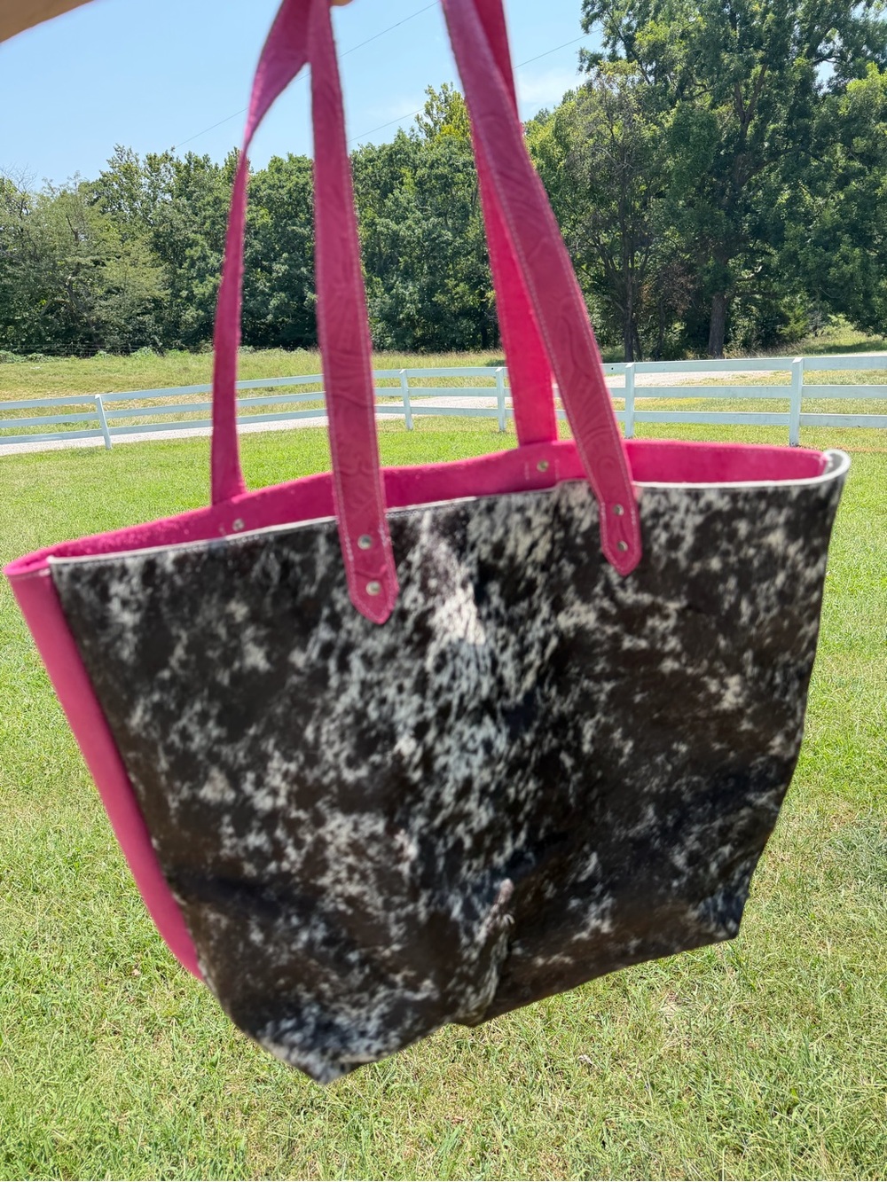 Crimson Willow Fuchsia Trim Black-and-White Haul it All Cowhide Tote